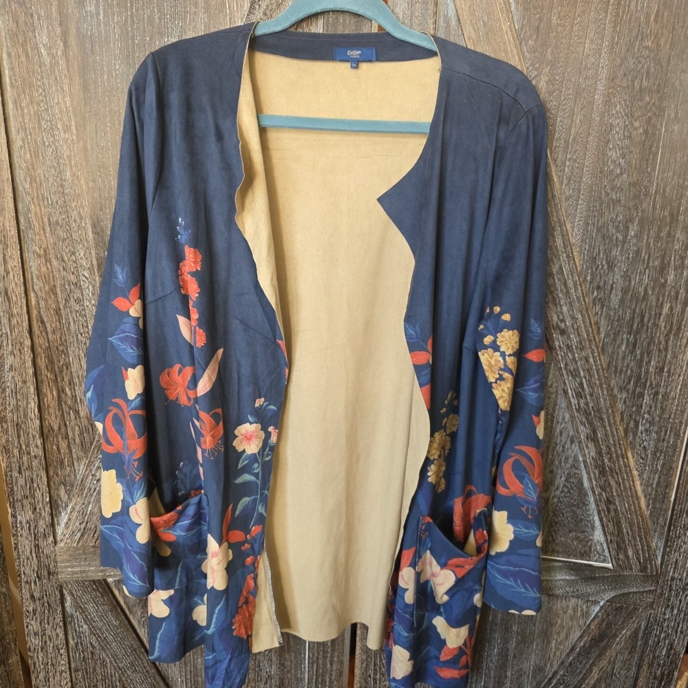 Cotton Traders Cardigan Women's size 12 Blue Floral Longline Duster‎ Jacket Open
